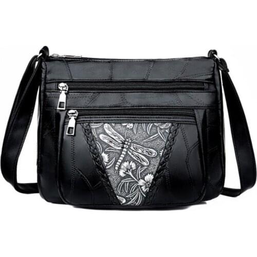 Women Pu Leather Shoulder Bag Packing Softshell Floral Printed Crossbody Bags Classic Black Office Ladies Zip Sling Message Bag