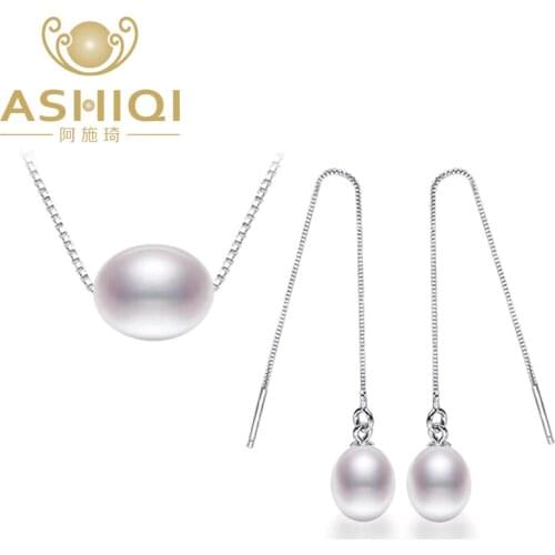 ASHIQI 925 Sterling Silver Jewelry Set Freshwater Pearl Necklaces Earrings 7-8mm Rice Natural Freshwater Pearls for women