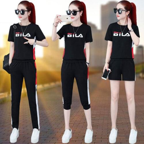 Womens Top Summer Fashion 2021 New Short Sleeve Korean Clothing Leisure Sportswear T-shirts Calf-length Trousers Two Piece Set