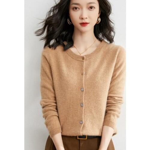 Round Neck Pure Wool Knitted Cardigan Womens 2021 Spring Autumn New Style Outer Wear All-Match Sweater Loose Bottoming Coat Top