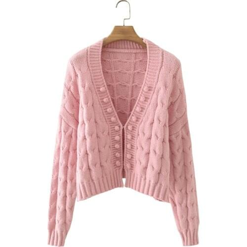 MESTTRAF Women 2021 Fashion Pompoms LooseKnitted Cardigan Sweater Vintage Long Sleeve Cable-knit Outerwear Streetwear