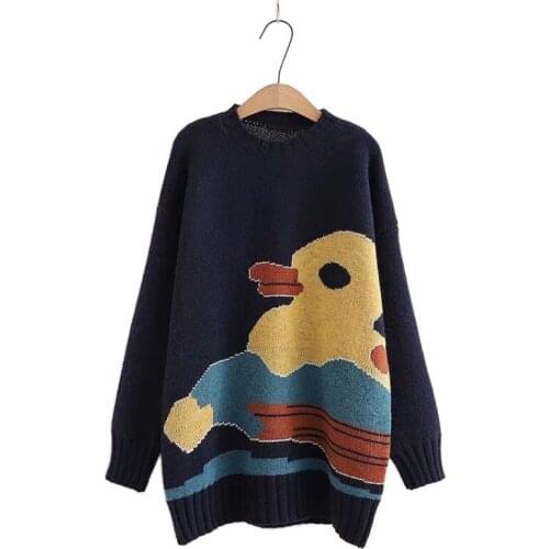 Duck Embroidery Oversize Long Women Sweater 2021 Winter Warm Knit Pullover Full Sleeve O-neck Korean Fashion Female Harajuku Top