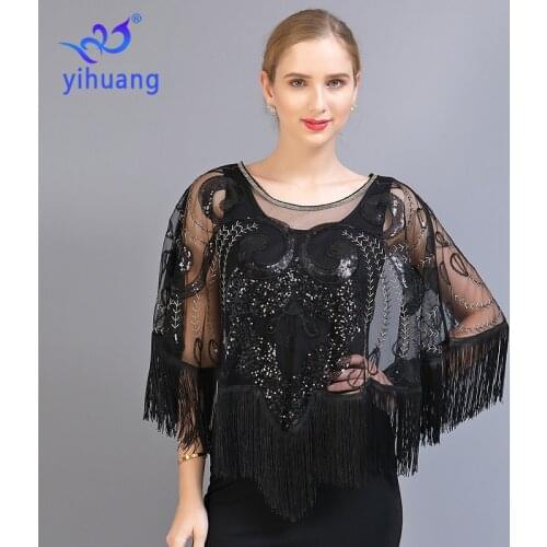 1920s Shawl Wraps Sequin Tassel Evening Cape Bridal Wedding Shawls Bolero Flapper Cover Up Fringe Blouses Round Neck