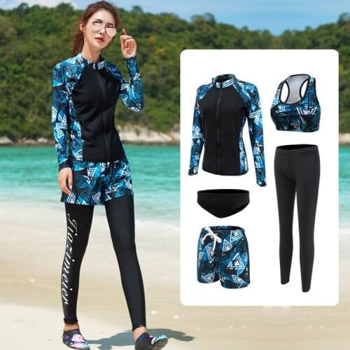 2021 Muslim Diving Suit Female Plus Size Jellyfish Clothing UV Protect Long Sleeve Snorkeling Swimwear 5pcs Swimsuit Burkinis