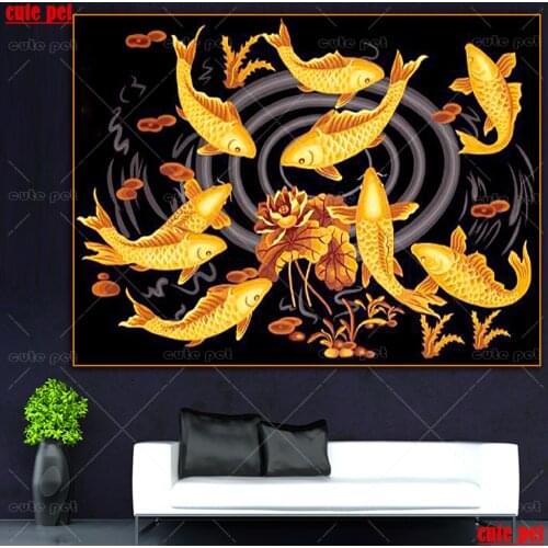 Diamond embroidery cross stitch 5D Full drill square round diamond painting Golden carp koi fish lotus mosaic needlework deco