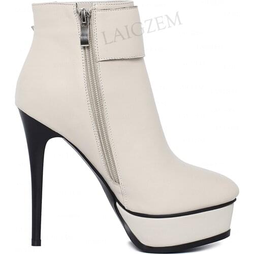 BERZIMER Women Ankle Boots Real Leather Platform Beige Boots High Heels Ladies Girls Dress Shoes Woman 2021 Big Size 34 39 41