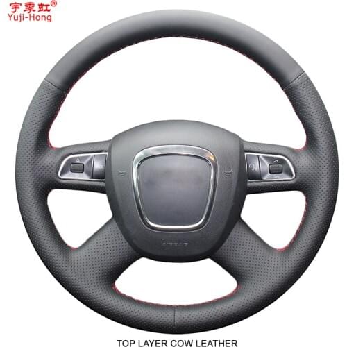 Yuji-Hong Top Layer Genuine Cow Leather Car Steering Wheel Covers Case for Audi A4 B7 B8 A6 C6 A8 2009 Q7 Q5 (2008-2012) Black
