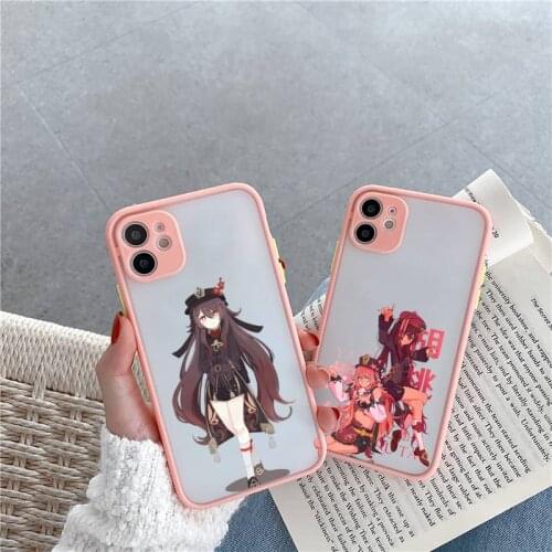 Hu tao Phone Case For iPhone 12 11 Mini Pro XR XS Max 7 8 Plus X Matte transparent Pink Back Cover