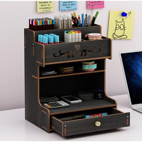 M17F Wooden Pen Holder with Drawer Multifunctional Desktop Stationary Pencil Box Rack