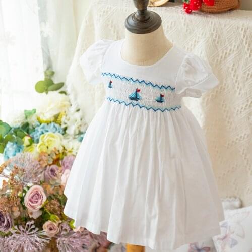 Baby Girls Smocked Dresses Childen White Embroidery Sailboat Frocks infant Smocking Handmade Dress Kids Boutiques Clothing