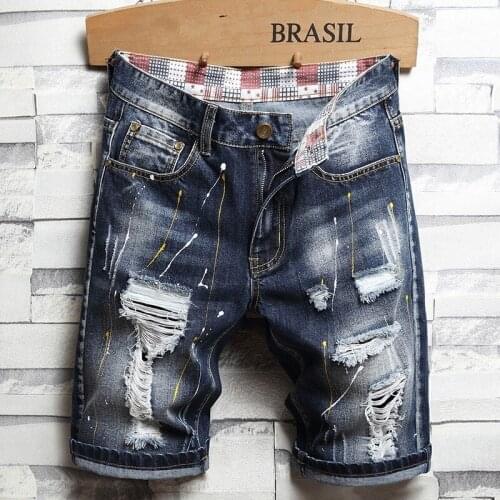 High Street Mens Summer Hole Ripped Jeans Shorts Slim Fit Denim Shorts Knee Length Hip Hop Bermuda Trousers Male Plus Size 40