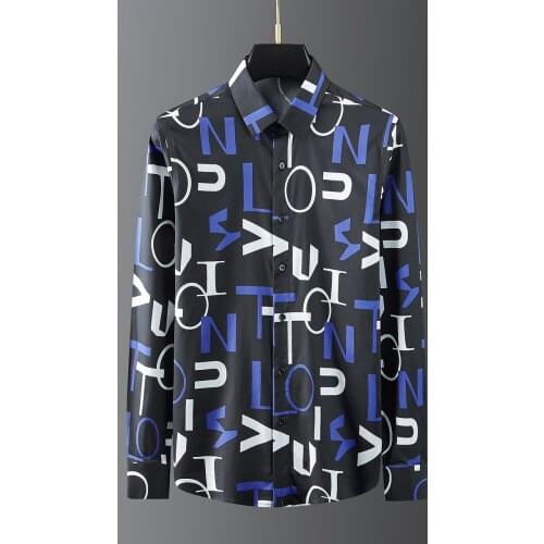 Letter Printed Shirts for Men Brand Long Sleeve Slim Business Casual Shirt Social Party Star Singer Men Clothing Streetwear