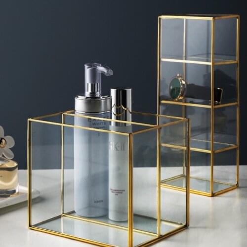 Golden Glass Lattice Cosmetic Storage Box Jewelry Classification Storage Tray Large Capacity Dressing Table Desktop Finishing