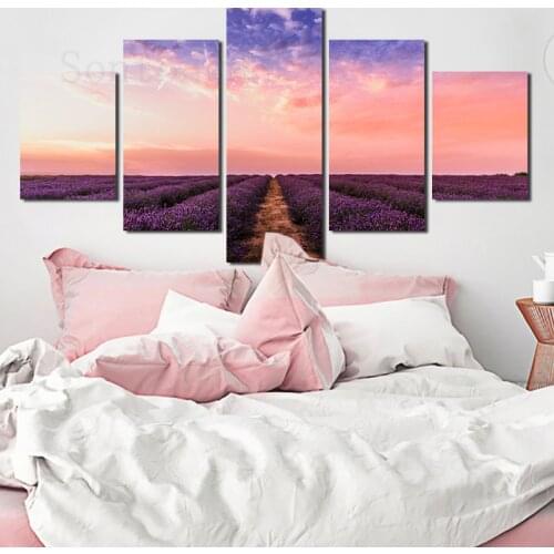 Lavender Field Romantic Pink Sky Art Canvas Painting Wall Sticker Poster Light Luxury Decorative Painting Simple Style Modern