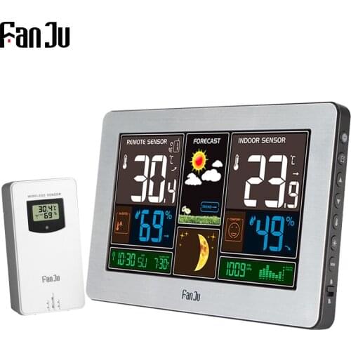 FanJu Weather Station Digital Wall Alarm Clock Table Desk Clocks Thermometer Hygrometer Barometer Wireless Outdoor Sensor FJ3378