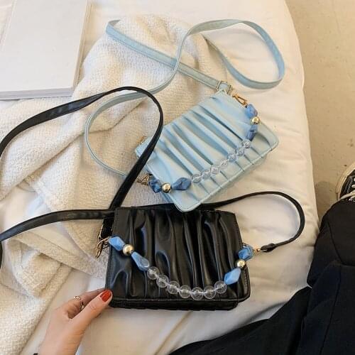 Fashion Pleated Bead Chian PU Leather Women Shoulder Crossbody Bags Casual Solid Color Ladies Simple Small Messenger Handbags