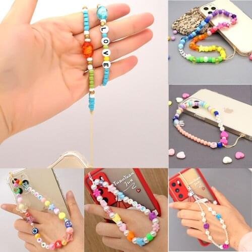 Fashion Jewerly LOVE STAR Letter Phone Chain Mobile Phone Lanyard Colorful Beads Wristband Women Anti-lost Strap Lanyard