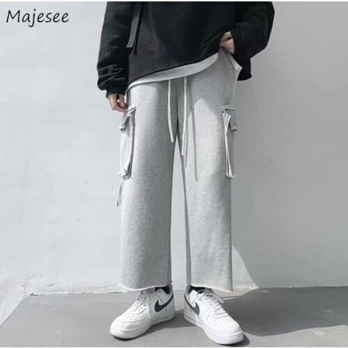 Men Casual Pants Chic Loose Pockets Fur-line Leisure Drawstring Sweatpants Harajuku Ankle-length Baggy Simple All-match Cozy Ins