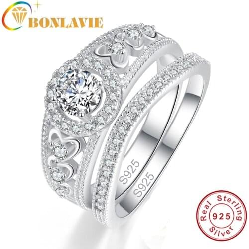 BONLAVIE 2 PCS Natual Round Stone Heart Shape Ring Set woman wedding bands engagement fine jewelry 100% 925 Sterling silver ring
