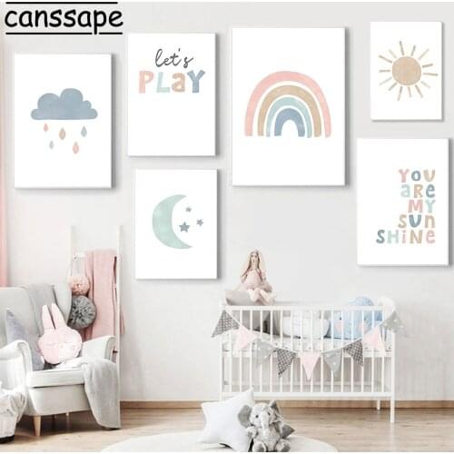 Nursery Canvas Painting Rainbow Wall Print Sun Moon Star Poster Quotes Paintings Nordic Posters And Prints Baby Kids Room Decor