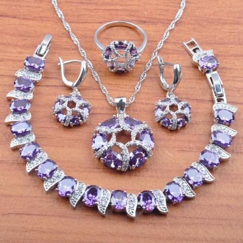 Natural Purple Crystal Zirconia Silver Color Jewelry Sets Russian style Wedding Set Earrings Pendant Rings Bracelet JS0440