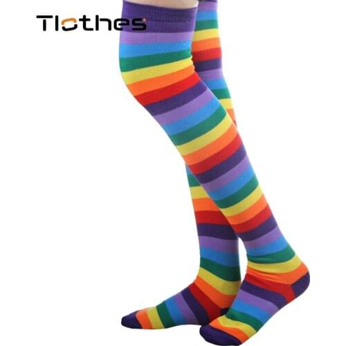 Harajuku Thigh High Socks Cosplay Rainbow Striped Colorful Party Prop Socks Knitted Over The Knee Socks Fingerless Gloves