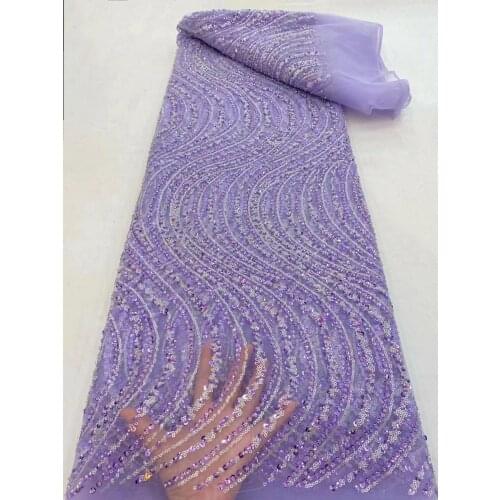 Latest Purple African Net Lace Fabrics 2021 High Quality Nigerian Tulle Lace Fabric Bride French Sequins With Beads Lace Fabric