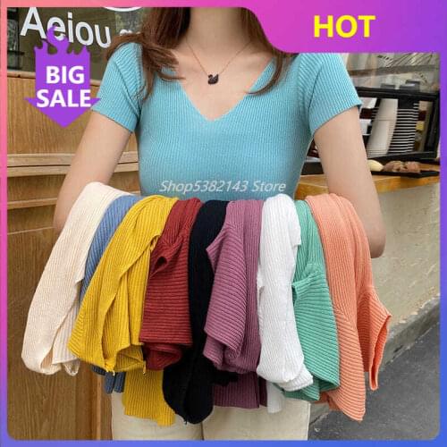 2021 New Summer Women T Shirt Sexy V Neck Female Slim Short Sleeves Top Knitted Ribbed Female TShirt Pullover Tops Soft Female