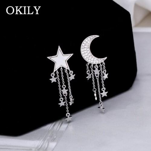 OKILY Luxurious Copper Material Classic Zircon Moon and Shell Star Drop Ear Dangle Pentagram Earrings Girl Asymmetric Earring