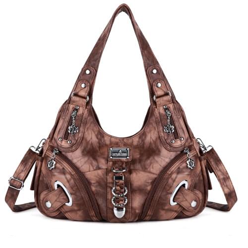 Angel Kiss Women Washed PU Leather Work Tote Zipper Closure Shoulder Bag Large Capacity Top Handle Hobo Satchel Bag for Female