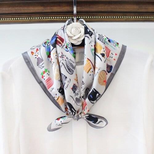 New Arrivals Brand Natural Silk Scarf Cute Cartoon Cat Printed Real Silk Wrap 53cm Square Scarves Cute Lovely Gift For Children