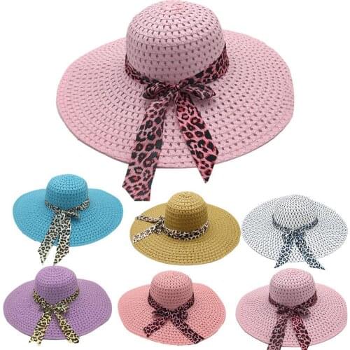 Summer Female Leopard Sun Hats Big Brim Classic Bowknot Foldable Fashion Straw Hat Outdoor Beach Cap For Women UV Protected Hat