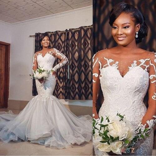 African Mermaid Wedding Dresses Bridal Gowns Long Sleeves Illusion Lace Applique Beads Tulle Embroidery Formal Plus Size Vestido