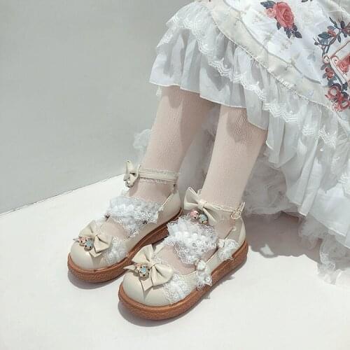 Lolita Girls Mary Janes Shoes Bowknot Princess Ruffles Japanese Sweet Bride Wedding Party Dress Pumps Cosplay Pink 34-48