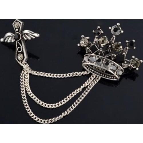 Creative Men Chain Tassel Brooch Angel Wing Cross Crown Brooch Crown Badge Cross Brooch Pins For Men Jewelry Accessories