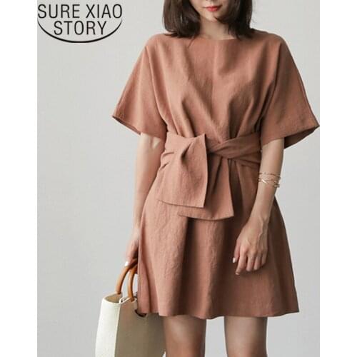 2021 Summer Dress Casual Loose Solid Cotton Short Sleeve Women korean Dresses Vestidos Pullover O Neck Women Dress 8791 50