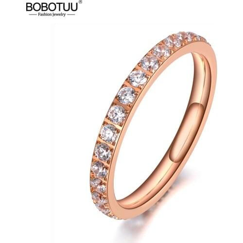 BOBOTUU Sparkling Titanium Stainless Steel Rhinestone Ring Jewelry Luxury Rose Gold CZ Crystal Wedding Ring For Women BR19144