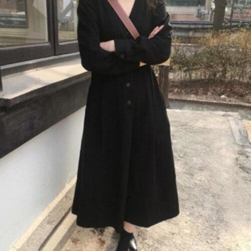 2021 Spring Autumn New Japan Long-sleeved Dress Simple Solid Color Sexy V-neck Temperament Sweet Women Long Dress Free Shipping