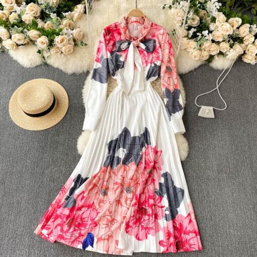 2021 Spring Autumn Pleated Dress For Women Retro Floral Print Bow Collar Long Sleeve A-line Dresses Bohemian Vacation Long Dress
