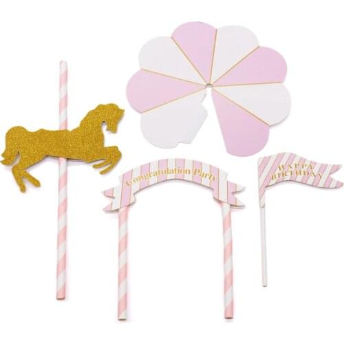 1 Set Carousel Horse Unicorn Cake Topper Unique Cupcake Wrapper Wedding Party Baby Shower Flag Kids Birthday Cake Decoration