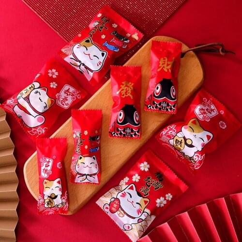 200pcs/lot Candy Sugar Packaging Bag Strong Festive Atmosphere Festive Red Handmade Gift Nougat Wrapping Paper Plastic Pouches