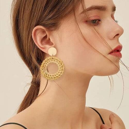 2021 New Creative Korea Bamboo Wooden Straw Weave Rattan Knit Vine Circle Drop Earrings for Women Girls Jewelry Accessories Gift