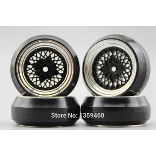 4pcs RC 1/10 Hard Drift Tire Tyre Wheel Rim Classic1CK 6mm Offset (Chrome+Painting Black) Fits For 1:10 Drift Car 10364+Drift