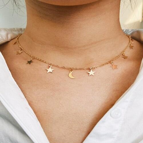 Trendy Geometric Moon Star Pendant Choker Necklaces for Women Female Gold Clavicle Chain Chocker Necklace Jewelry Colar Collars