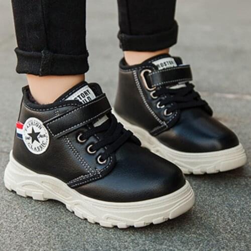 Children Fashion Boots Winter Teen Girls Martin Boot With Hook-loop Big Boys Snow Boots PU Leather Sneakers Baby Kids