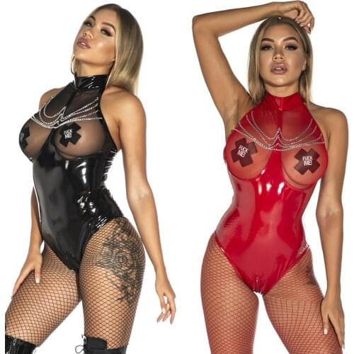 Erotic Sexy Crotchless Latex Bodysuit Net Lingerie Breast Exposing Transparent See Through Catsuit Leather Open Crotch Bodysuit