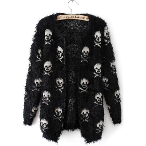 Fad Short Ladies Autumn Mohair Sweater Womens Jacket Cardigan Short Knit Womens Cardigan Print Skull