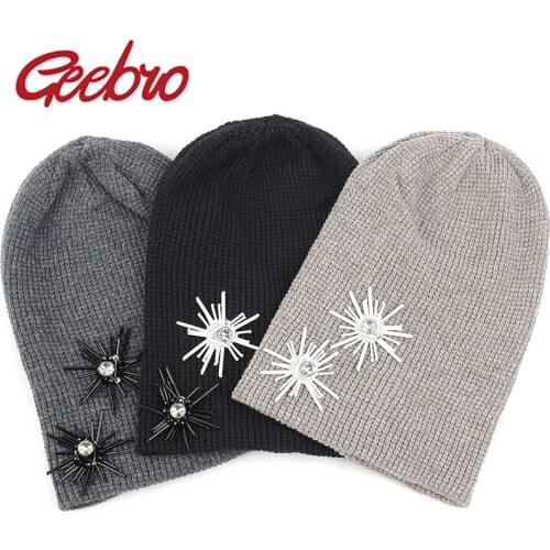 Geebro Adult Cashmere Glitter Rhinestone Beanie Hat With Tassel Sequins Floral Accessories Autumn Winter Warm Cuff Beanies Cap