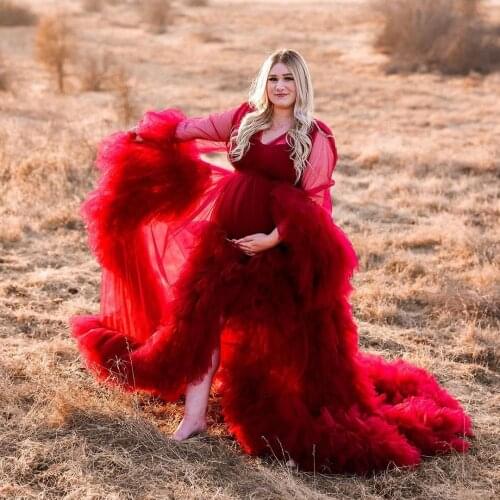 Red Women Maternity Dress Custom Made Pregant Robes Ruffles Photoshoot Evening Gowns Fluffy Robe Formal Baby Shower Dress