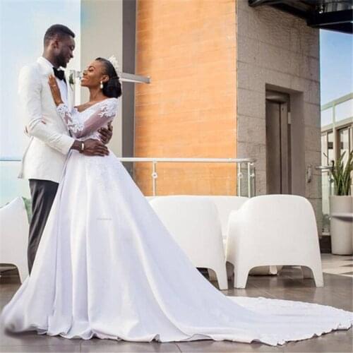 New Lace Wedding Dresses V Neck Long Illusion Sleeves Court Train Wedding Dress Bridal Gowns Robe de mariee Custom any size